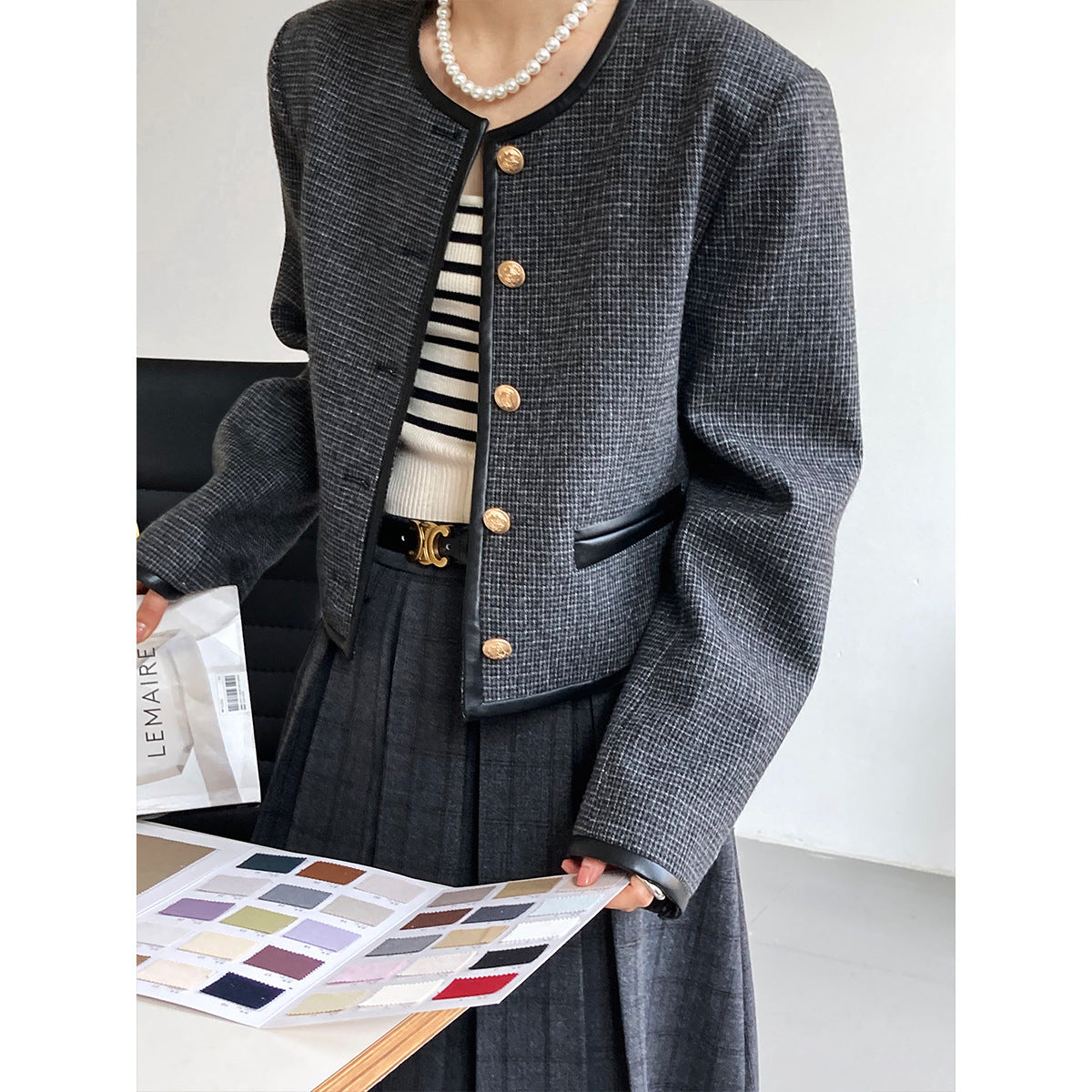 Luxi,  Xiaoxiangfeng jacket for women's  early spring new pu leather splicing retro thousand bird grid top 5585