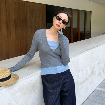 2025 spring new versatile wool color matching bottoming knitted sweater fake two long-sleeved top women 25221