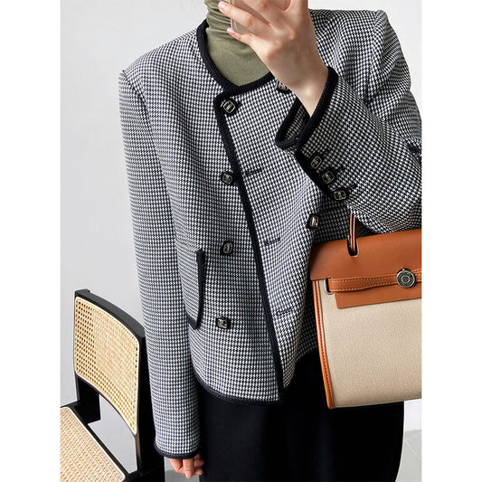 Luxi  autumn new high-end celebrity double-breasted thousand bird grid short small fragrant coat female 3789