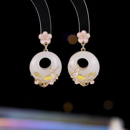 2025 New Chinese style earrings, pink flowers, elegant temperament, retro design, classical safety buckle, flower bird stud earrings.