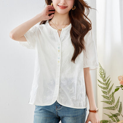 [Customized] Lace lace round neck shirt women's short sleeves  summer wear new temperament light embroidered shirt