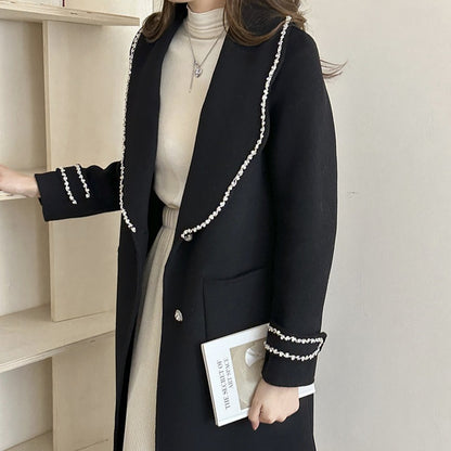 2025 Temperament design small fragrant wind bead trim decoration medium and long double-sided wool coat autumn and winter lace-up woolen