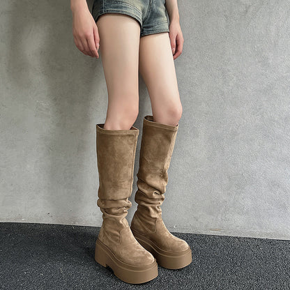 2025  Skinny wasteland wind big tube circumference black thick-soled knee boots women's popular new waterproof table high tube stacking boots