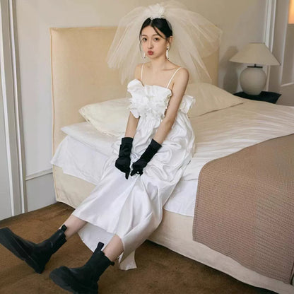 2025 light wedding dress new white satin morning gown going out yarn super fairy Mori wedding engagement dress  spring