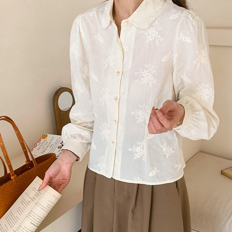 [Customized] Shirt women's  spring clothing new pure cotton lapel embroidered top sweet and loose young age reduction