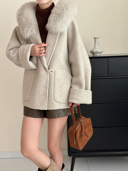 2025 Fox fur hooded large pocket double-breasted removable double-sided wool coat medium and long woolen coat women's autumn and winter