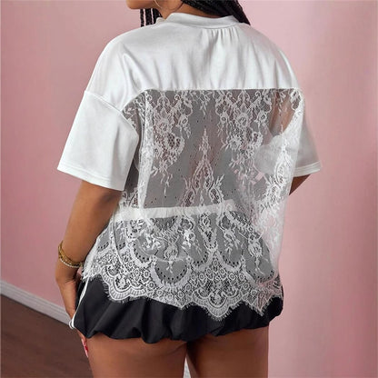 summer new women's clothing New Popular trade printing loose casual street perspective sexy lace splicing top