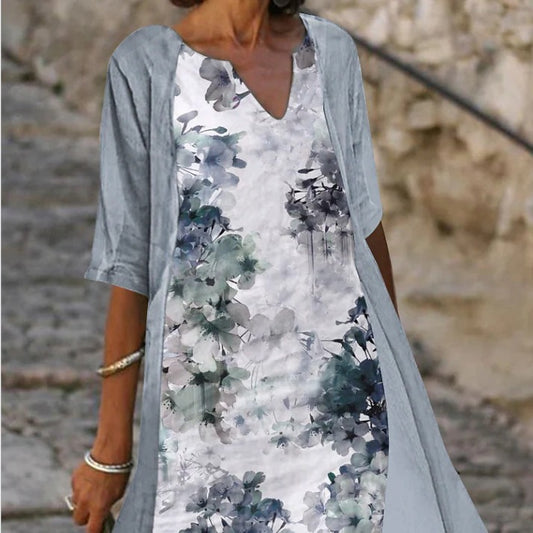 XIANGTUIBAO popular New sleeve design hemp printing loose waist medium and long dress national style retro ramie dress two-piece set
