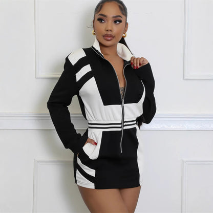 New Popular trade new contrasting colors casual fashion sports style stand-up collar zipper long sleeve waist short skirt dress