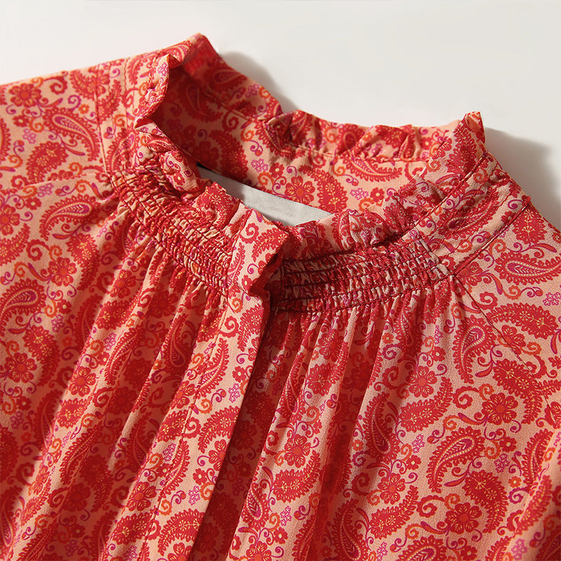 2025 Fungus edge small stand-up collar silk dress printed heavy mulberry silk red skirt  new women's clothing medium and long