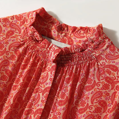 2025 Fungus edge small stand-up collar silk dress printed heavy mulberry silk red skirt  new women's clothing medium and long