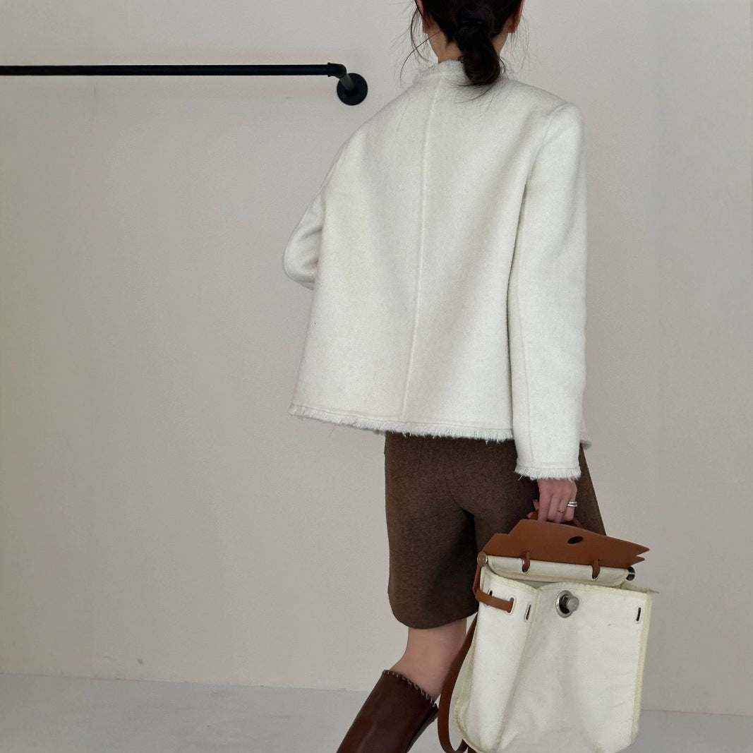 2025 Solid color rough edge small fragrant wind round neck single-breasted front shoulder hand-sewn short double-sided nylon wool woolen coat coat women