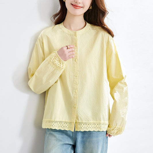 [Customized] Goose yellow shirt women's long sleeves  summer new lace lace loose and thin shirt women