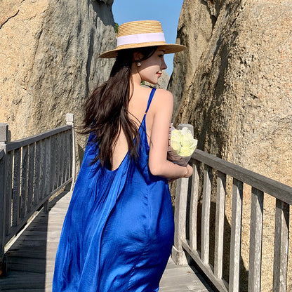 2025 Klein blue Sanya beach dress summer suspender sexy backless and thin seaside vacation super fairy long dress