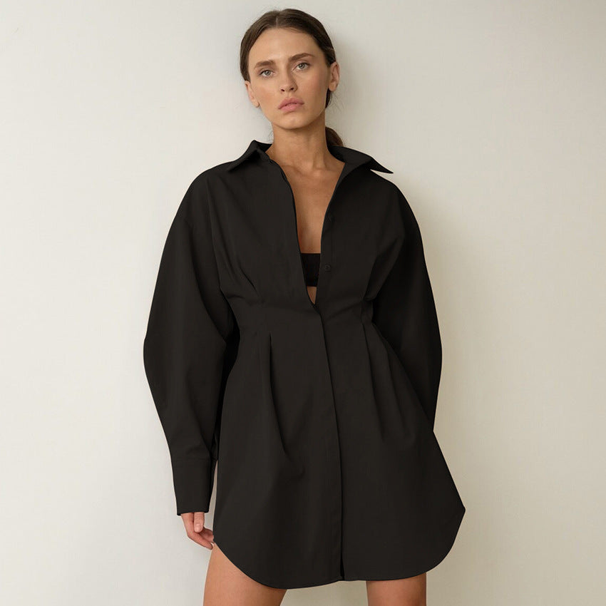 2025 spring women's  shirt skirt waist temperament thin long sleeves slim  retro niche dress
