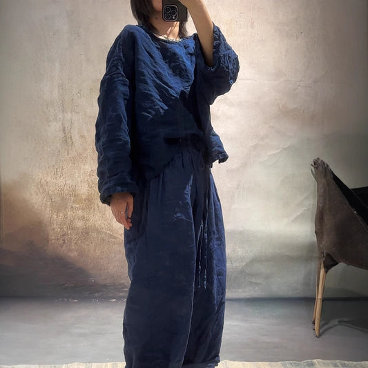 2025  25/04 Xiao Luo, yarn-dyed linen literary and retro lace-up jumper