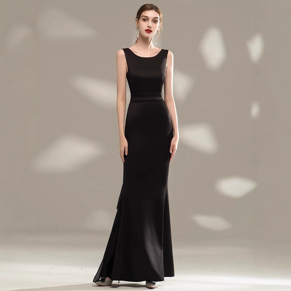 2025 Black art exam solo evening dress dress girl  new slim temperament banquet haute couture fishtail host long