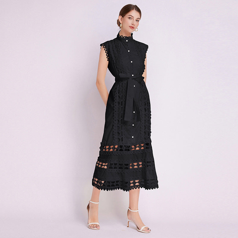 temperament high sense stand collar hollow embroidered lace splicing sleeveless waist thin elegant dress