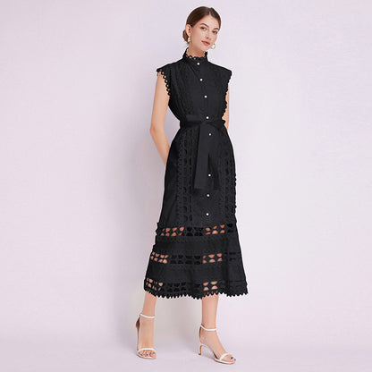 temperament high sense stand collar hollow embroidered lace splicing sleeveless waist thin elegant dress