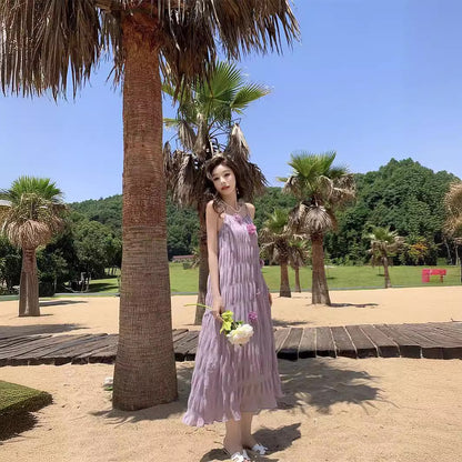 2025 Forest fairy purple niche suspender dress three-dimensional flower high-end romantic pleated holiday style dress summer