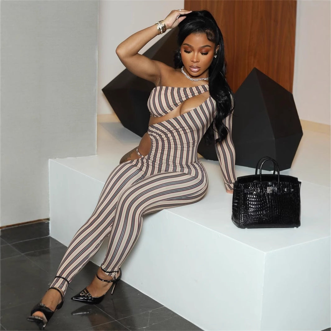 popular autumn new New Popular trade  elastic striped slim-fit sexy Spice Girl hollow jumpsuit jumpsuit