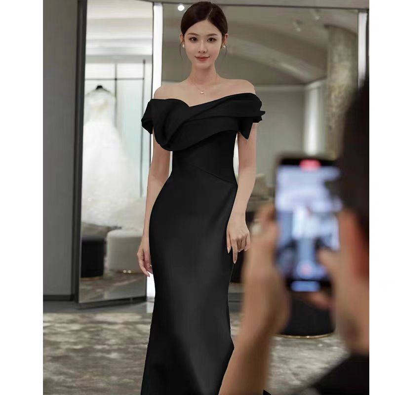 2025 black one-word shoulder satin banquet annual meeting host birthday temperament fishtail trailing evening dress dress