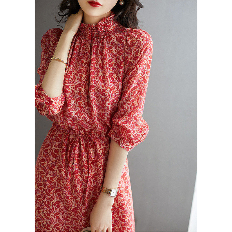 2025 Fungus edge small stand-up collar silk dress printed heavy mulberry silk red skirt  new women's clothing medium and long