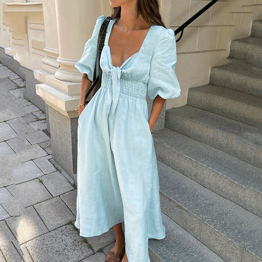 2025 Cross-border  summer new  elegant long dress sexy low-cut V-neck bubble sleeve high-waisted cotton and linen dress