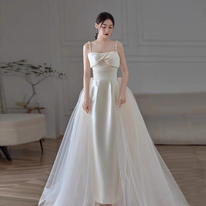 2025 Light wedding dress  new Mori bride simple high-end satin bow suspender collar certificate engagement dress dress