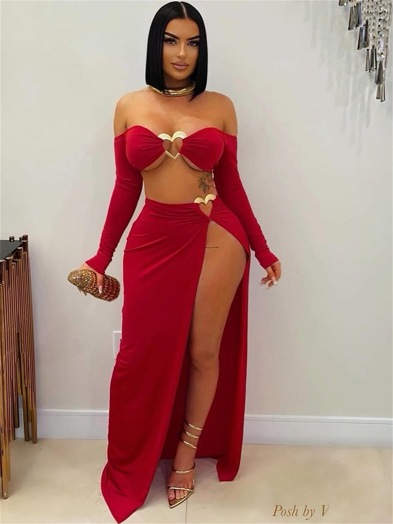 new New Popular trade solid color long-sleeved sexy short navel top split-ended long skirt skirt suit women
