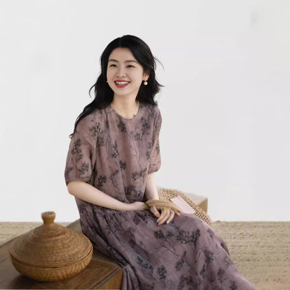 2025 spring and summer ramie ink skirt, printed diagonally divided pleated short-sleeved cotton and linen dress women A0665