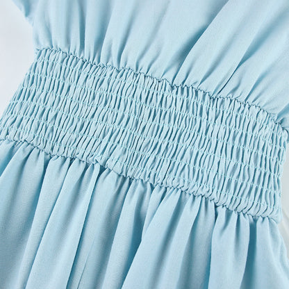 2025 Cross-border  summer new  elegant long dress sexy low-cut V-neck bubble sleeve high-waisted cotton and linen dress