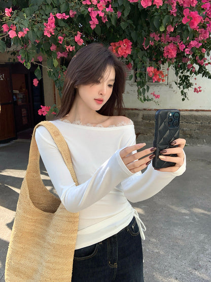 2025 Thirteen Lines  Spring New Korean Edition Temperament Lace Slant Neck Bottom Shirt Long Sleeve Top 89190
