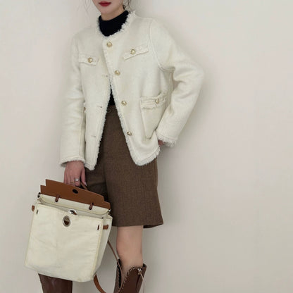2025 Solid color rough edge small fragrant wind round neck single-breasted front shoulder hand-sewn short double-sided nylon wool woolen coat coat women