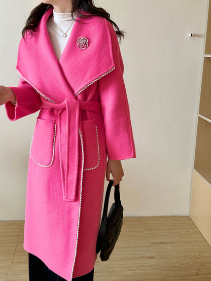 2025 Temperament design small fragrant wind bead trim decoration extended double-sided wool coat autumn and winter lace-up woolen