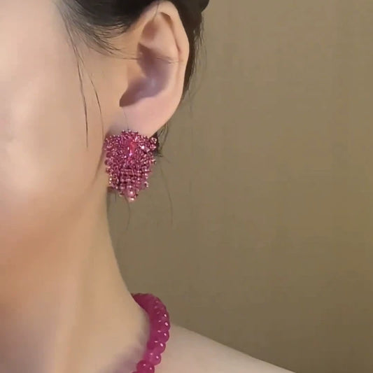 Fashion fuchsia full diamond love water drop fringed earrings women's light luxury high-end temperament socialite style silver needle earrings