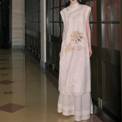 2025 Customized  spring and summer new Chinese style light luxury stand-up collar embroidered sleeveless sequins loose vest dress set