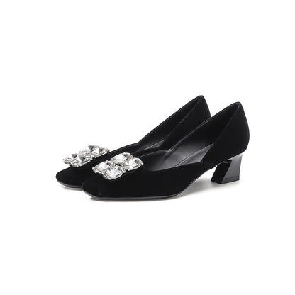 2025 488-1 rhinestone square head single shoes women's 2025 autumn new  thick heel high heels silver soft leather women's shoes