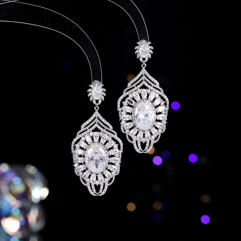 2025 luxury retro court style exaggerated long zircon stud earrings elegant silver needle bridal dress ear jewelry