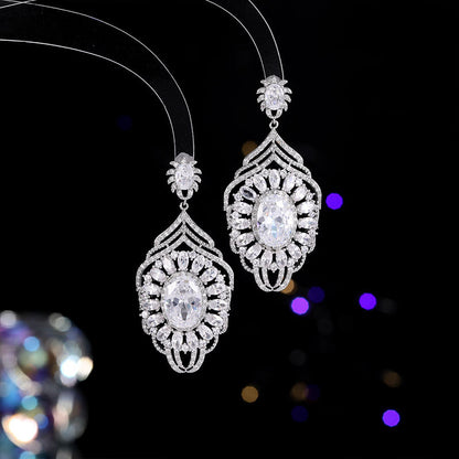2025 luxury retro court style exaggerated long zircon stud earrings elegant silver needle bridal dress ear jewelry