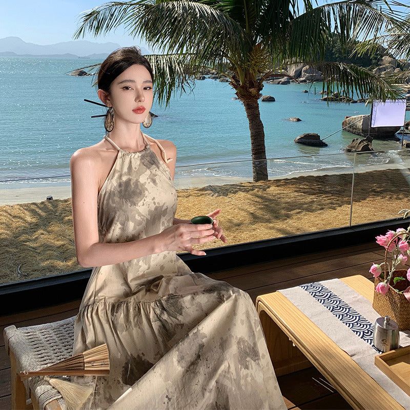 2025 Design sense woven neck dress women's summer seaside wear with backless beach skirt new Chinese ink suspender skirt fairy