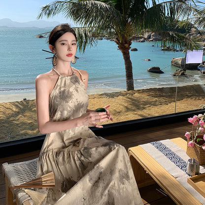 2025 Design sense woven neck dress women's summer seaside wear with backless beach skirt new Chinese ink suspender skirt fairy
