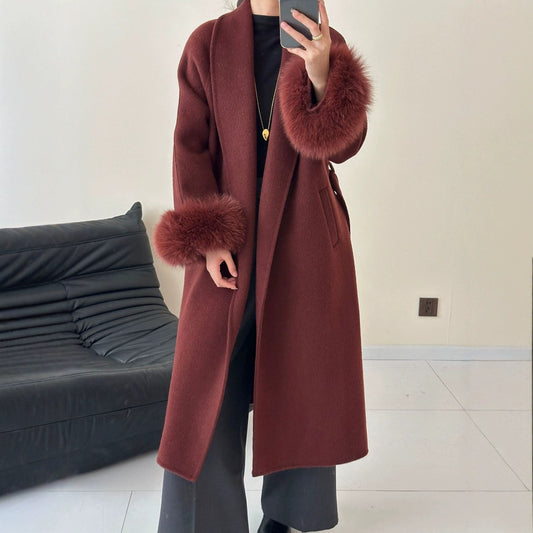 2025 Solid color lapel fox hair cuffs loose lace-up bathrobe double-sided wool coat woolen jacket women's warm autumn and winter