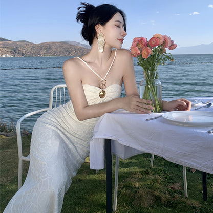 2025 temperament white romantic jacquard tube top skirt sexy hollow slim-fitting hip-wrapped suspender body dress