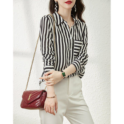 2025 Striped silk shirt women, summer  new long-sleeved shirt design sense niche high-end, mulberry silk top