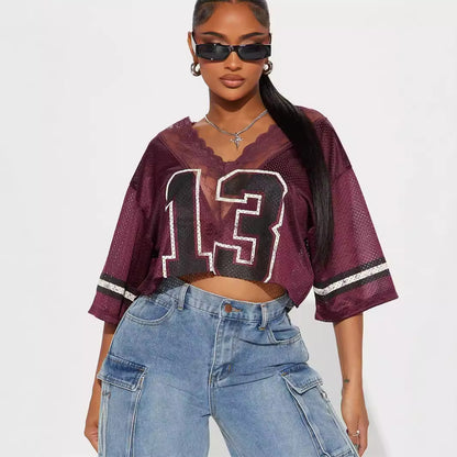 popular summer  New printing V-neck lace sexy loose short T-shirt short-sleeved casual top women