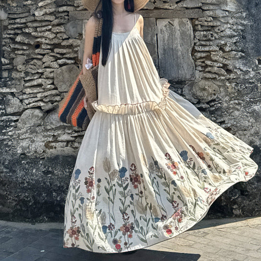 2025 Pure desire dopamine suspender dress women's summer  new fungus edge print dress seaside vacation
