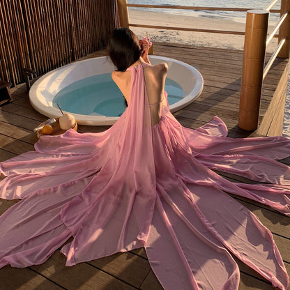 2025 Pendant vacation beach dress  premium pink fairy neck dress female summer elegant backless skirt