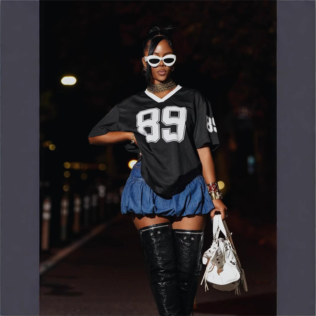 popular summer New explosion casual loose printing casual style street fashion V-neck T-shirt  short-sleeved top