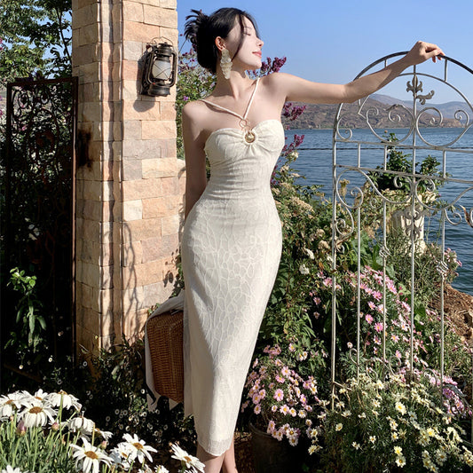 2025 temperament white romantic jacquard tube top skirt sexy hollow slim-fitting hip-wrapped suspender body dress
